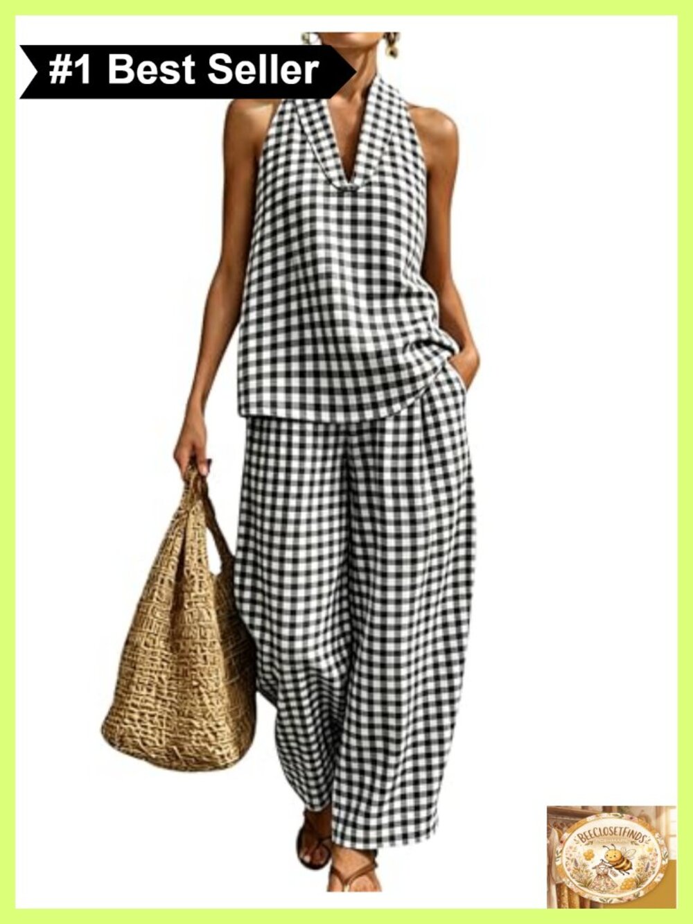 Womens 100% Cotton Gingham 2 Piece Set Halter Tank Top Barrel Leg Pant Lounge